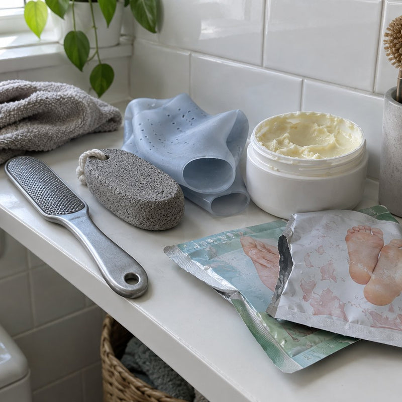 Bathroom shelf with foot products